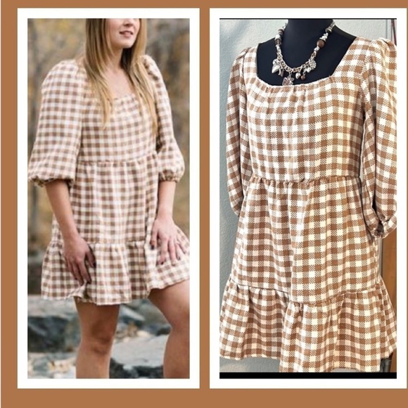 ByThe River,Gingham w/Gold Shimmer, Gathered Neck & Sleeves,Heavier,Size L - Picture 1 of 14